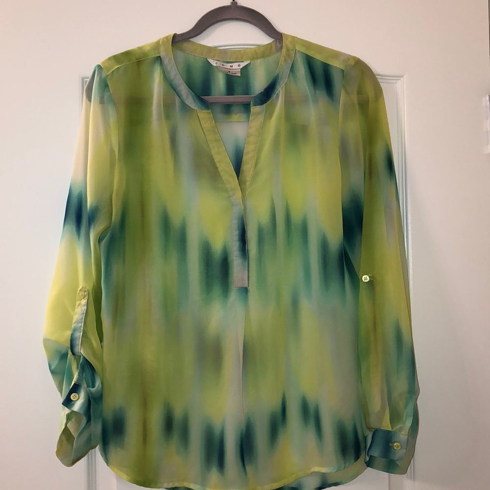 Sheer shirt 3 buttons on v neck buttons on sleeves